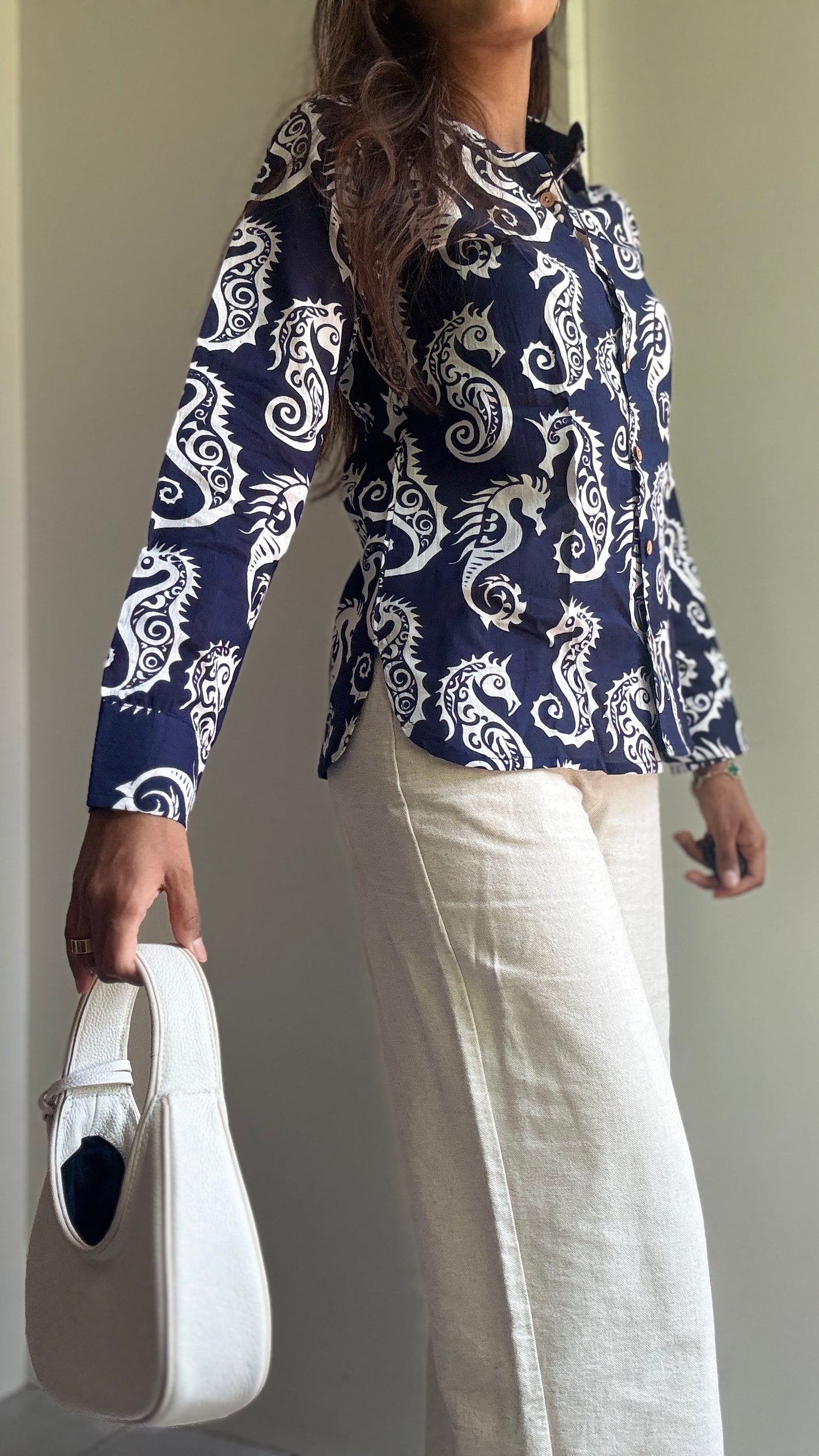Blue Sea Horse Cotton Shirt