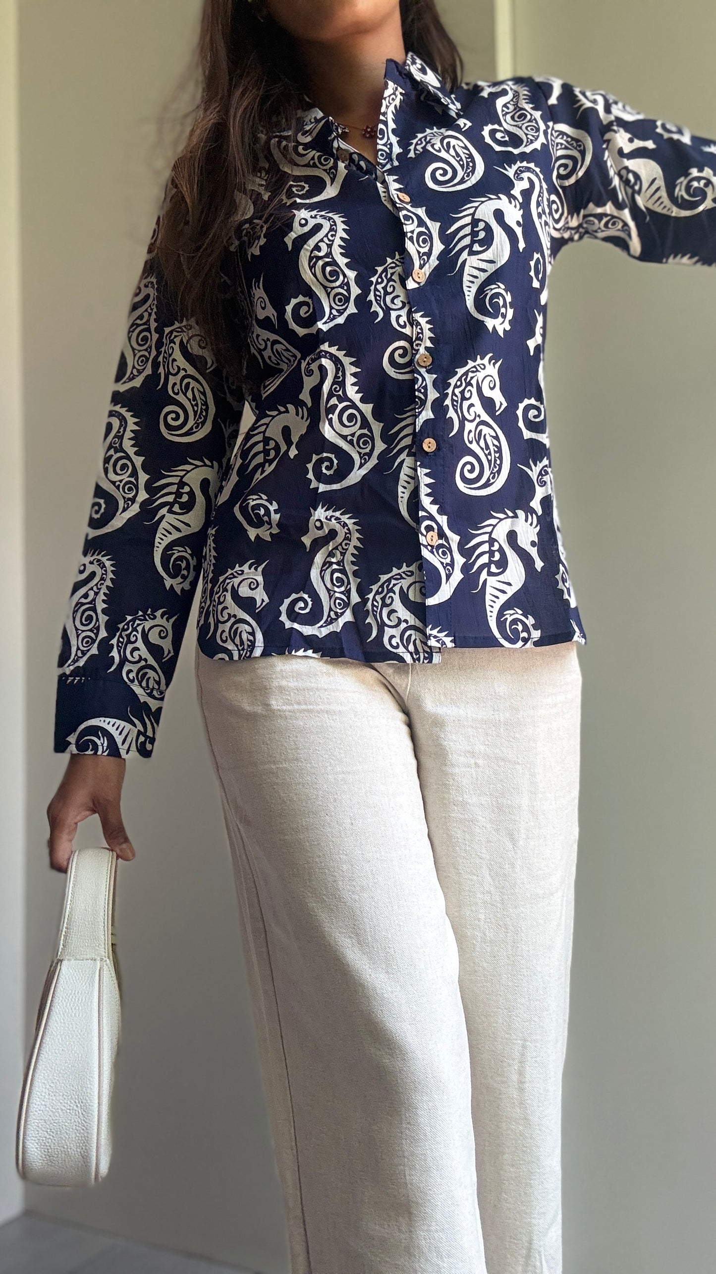 Blue Sea Horse Cotton Shirt