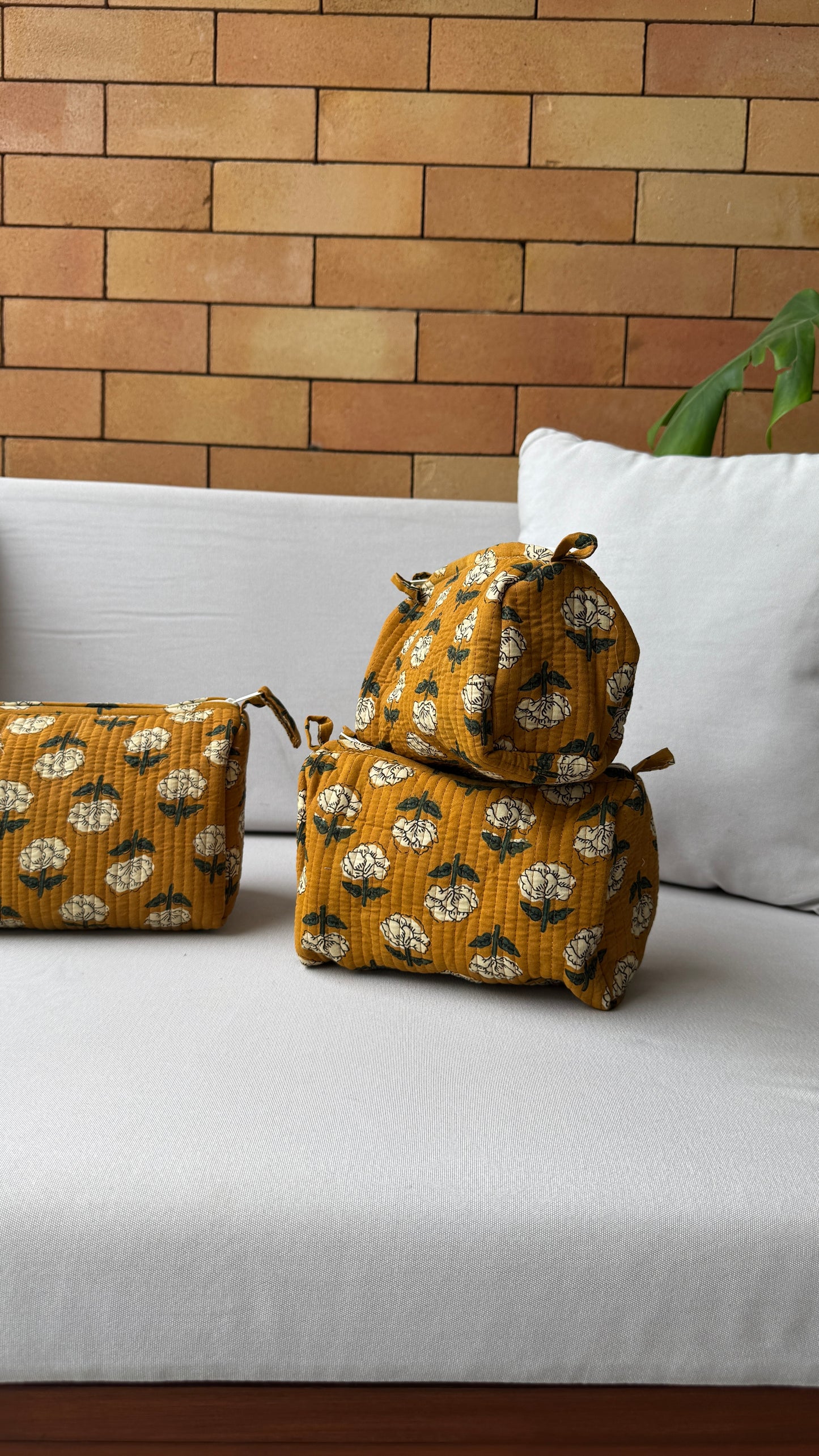 Mustard and White Pouch Set (set of 3)