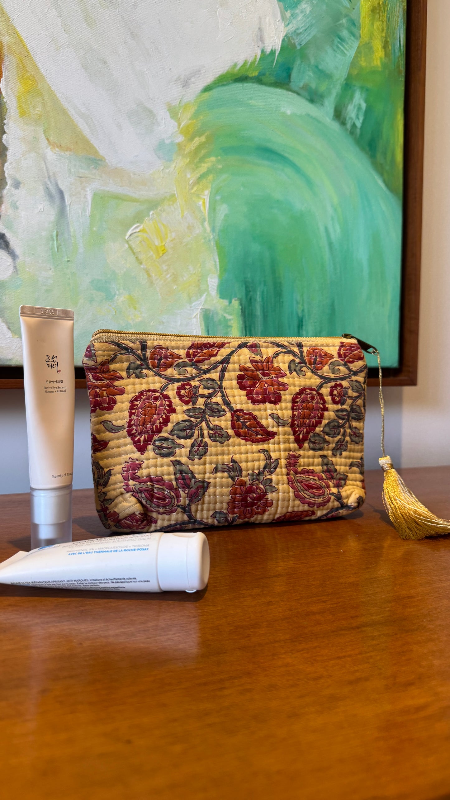 Beige Floral Hand Block Pouch