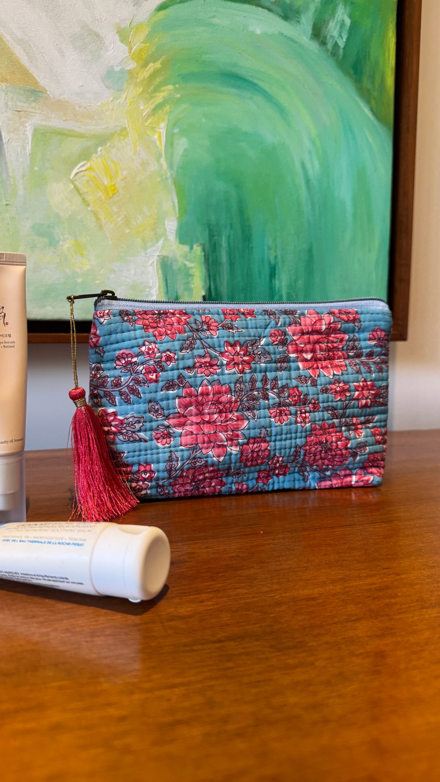 Blue & Pink Floral Hand Block Pouch