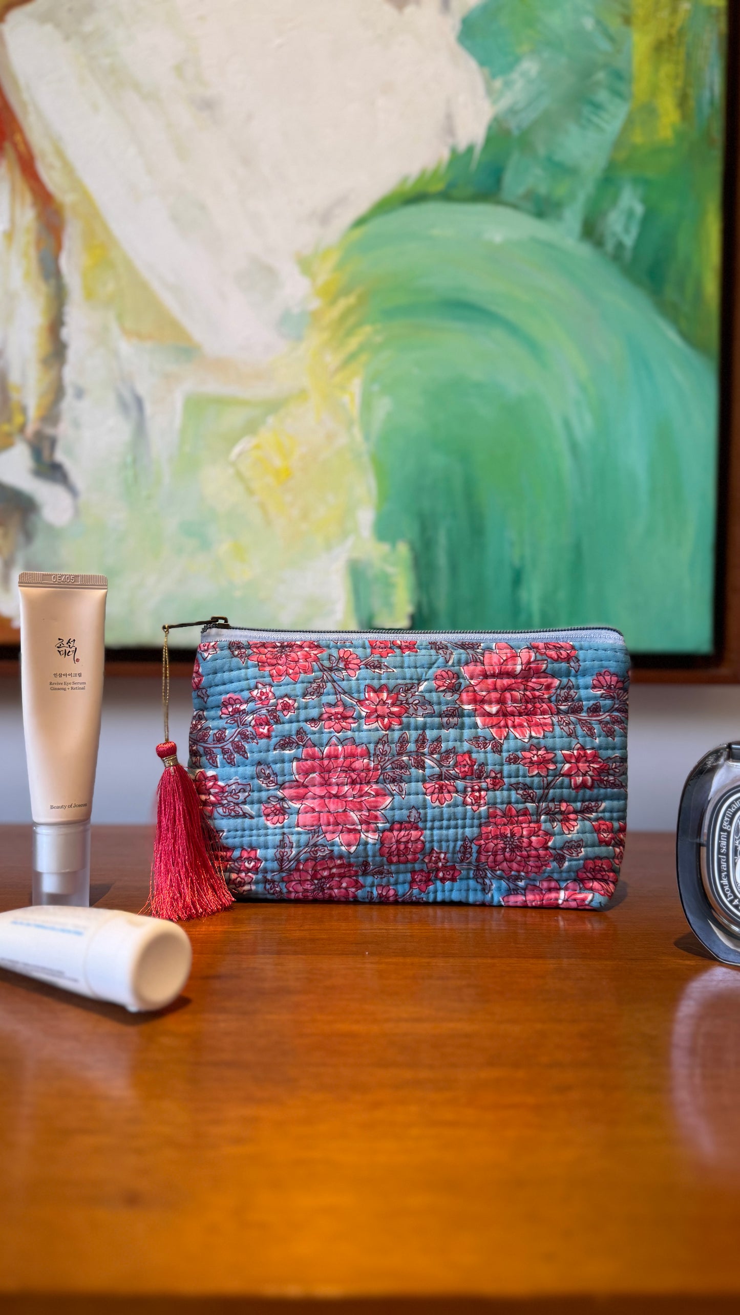 Blue & Pink Floral Hand Block Pouch