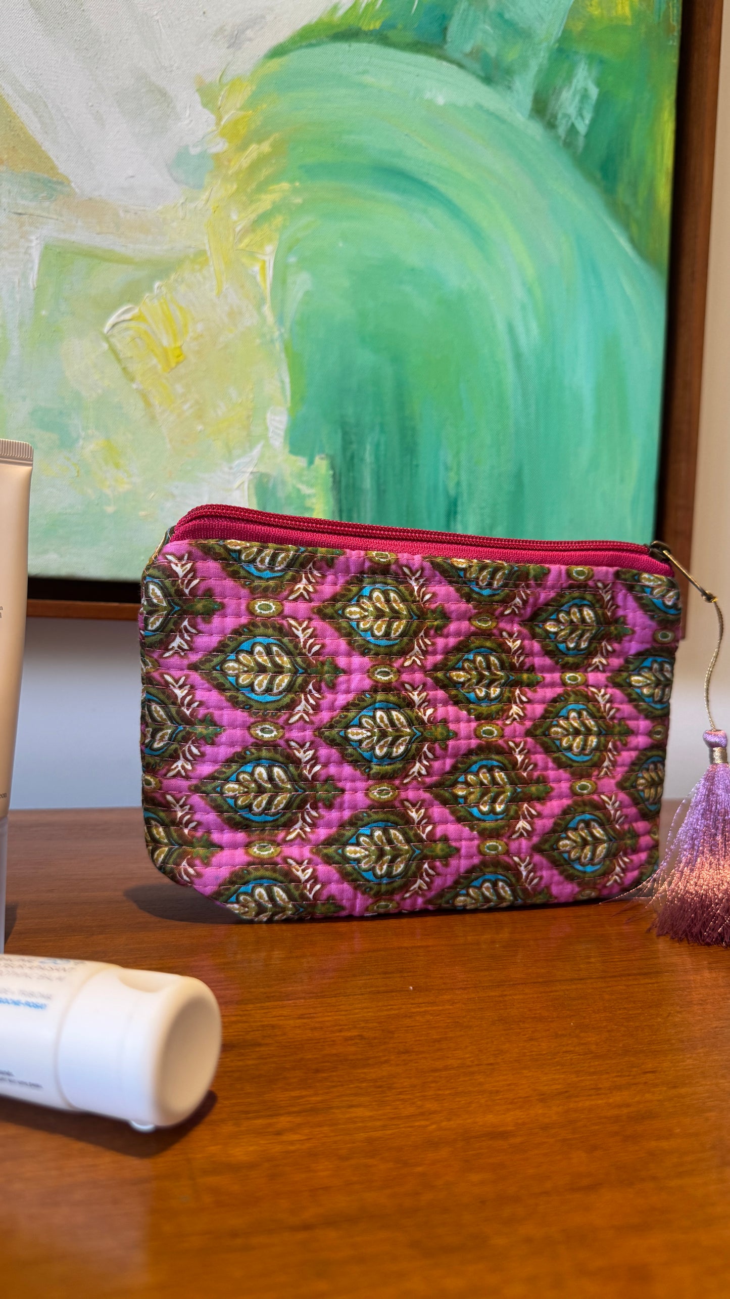 Bright Pink Hand Block Pouch