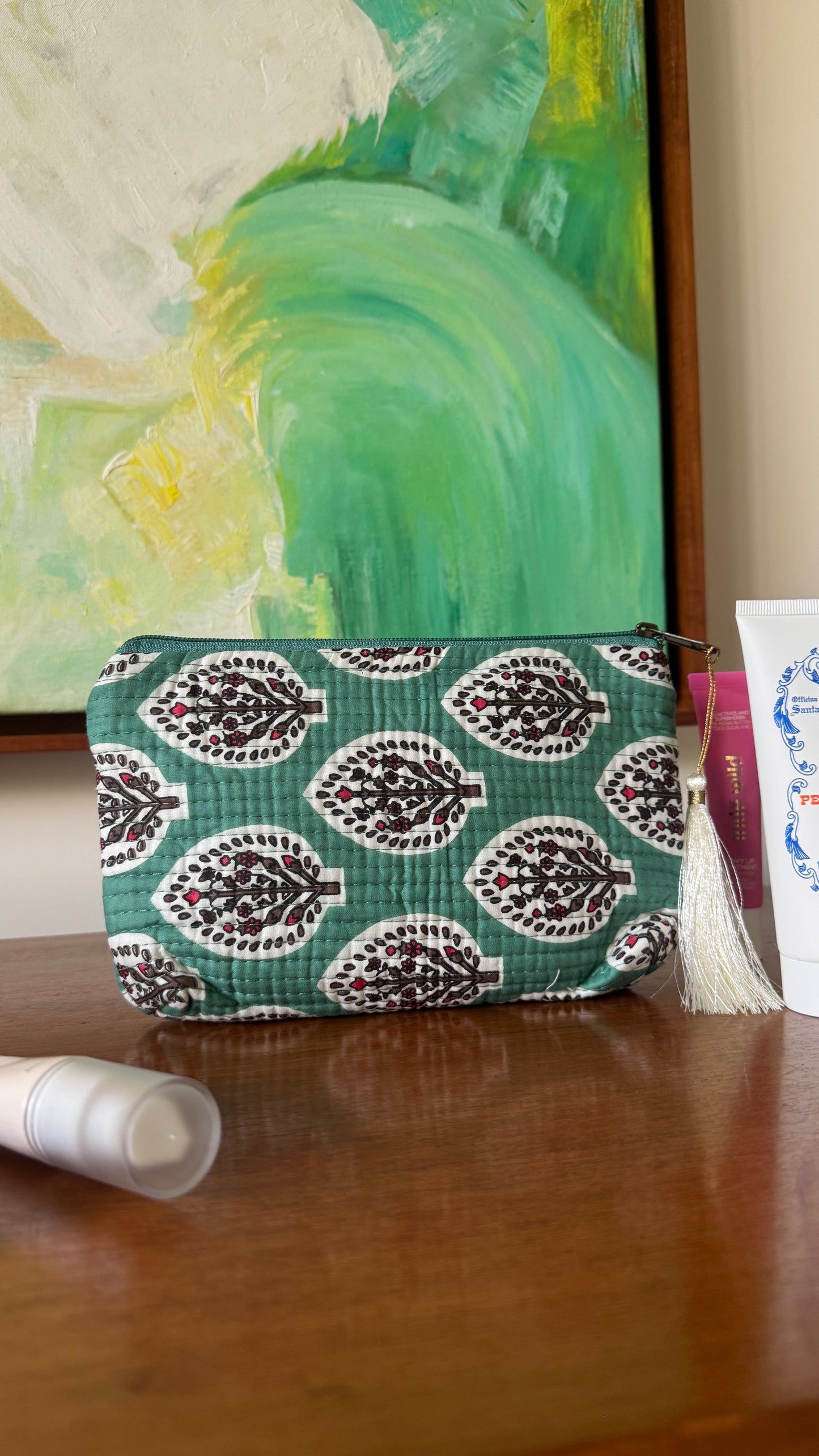 Sea Green Leaf Hand Block Pouch