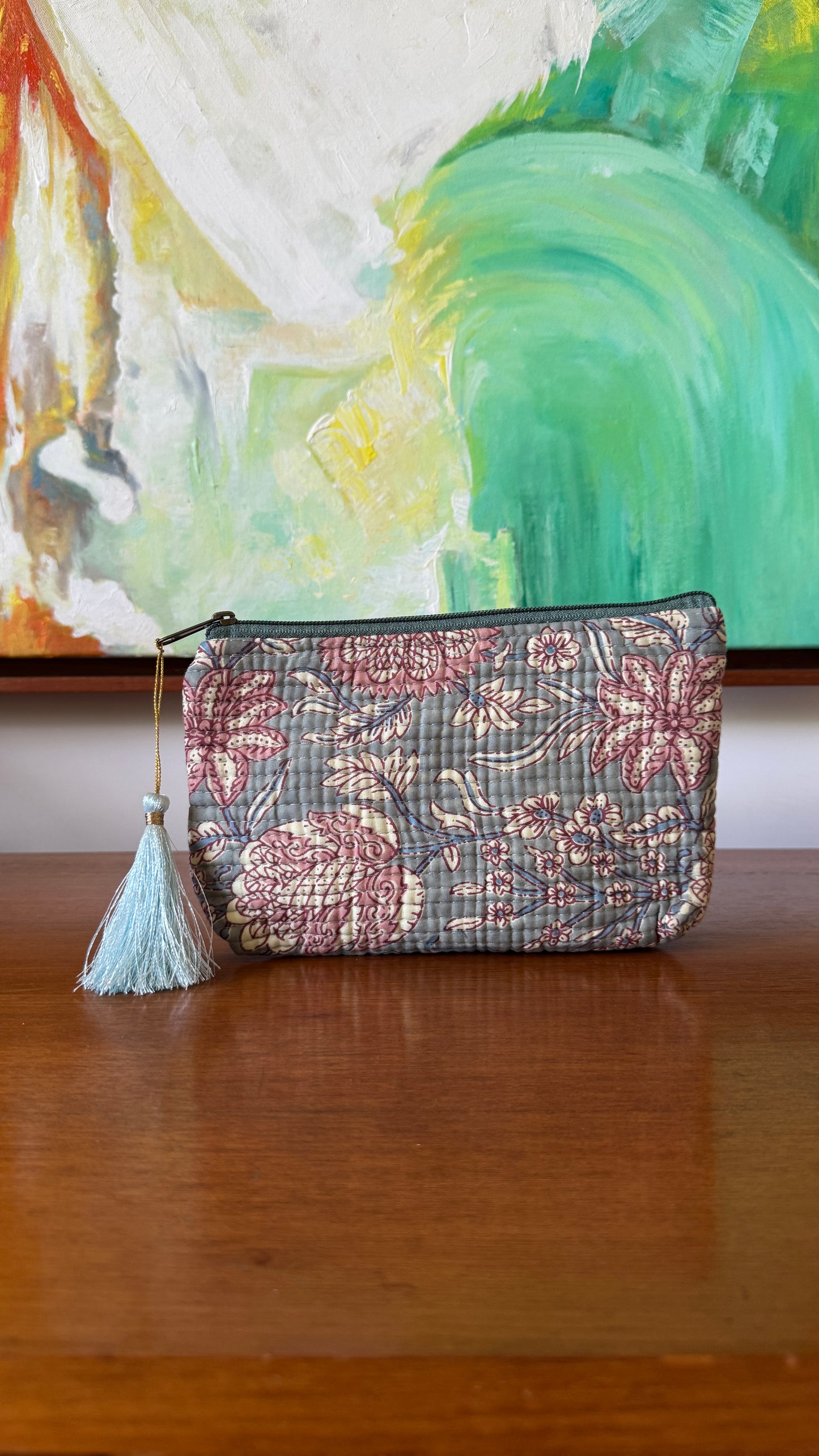 Grey Floral Hand Block Pouch