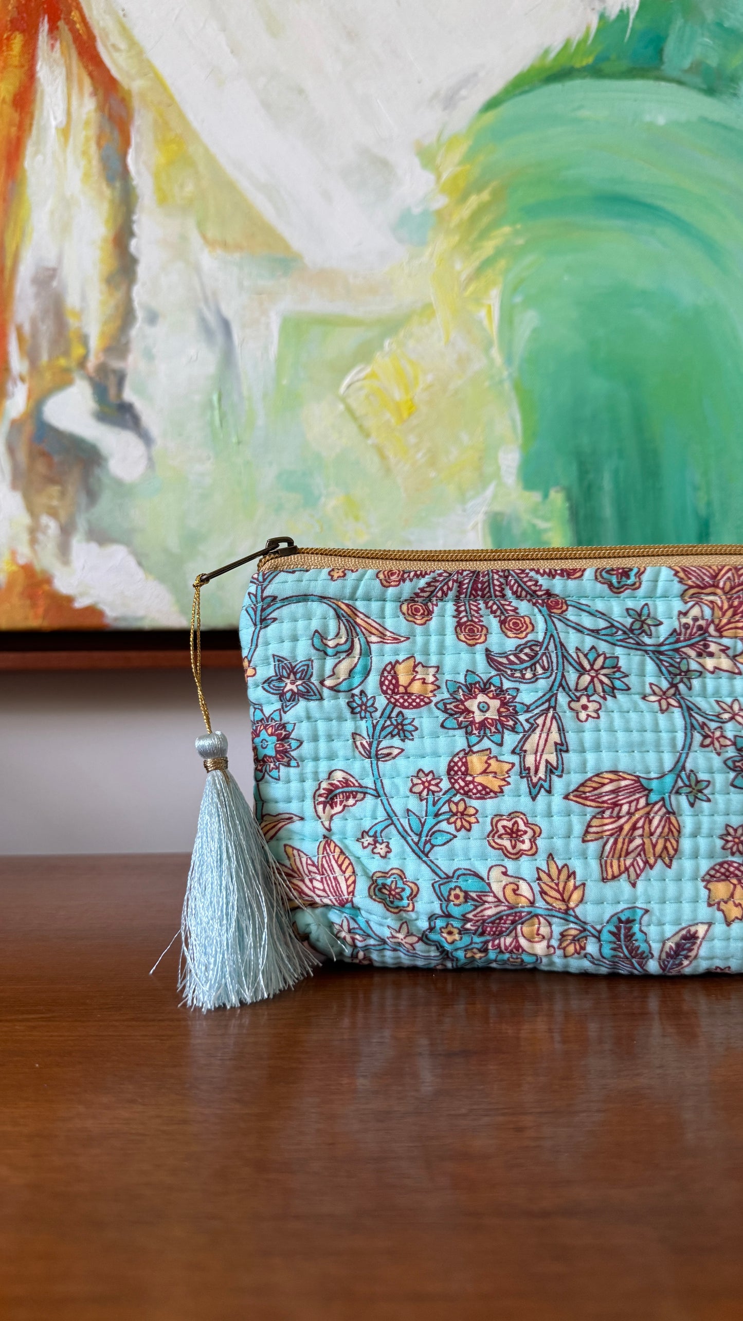Mint Floral Hand Block Pouch