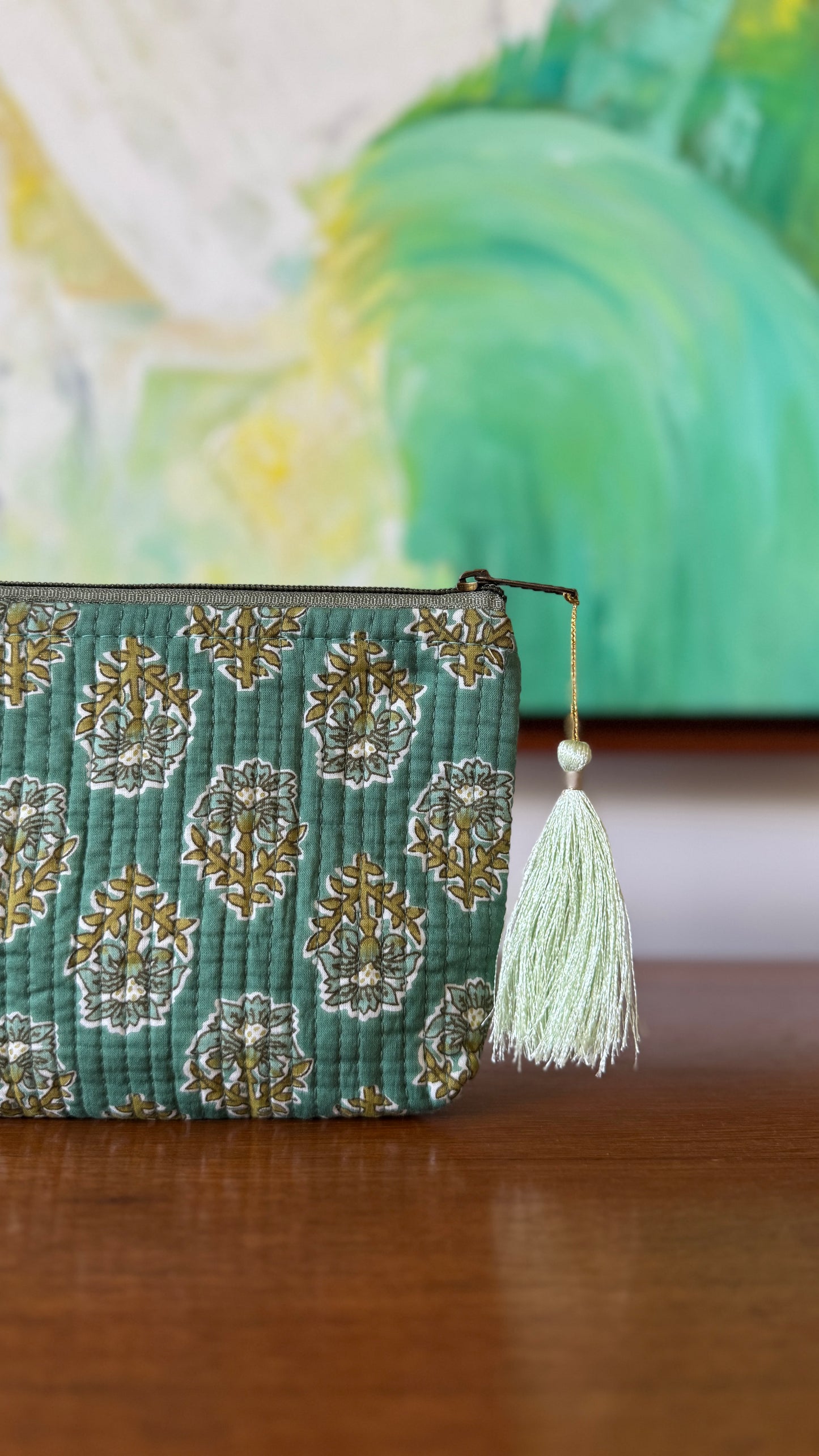 Green Floral Hand Block Pouch