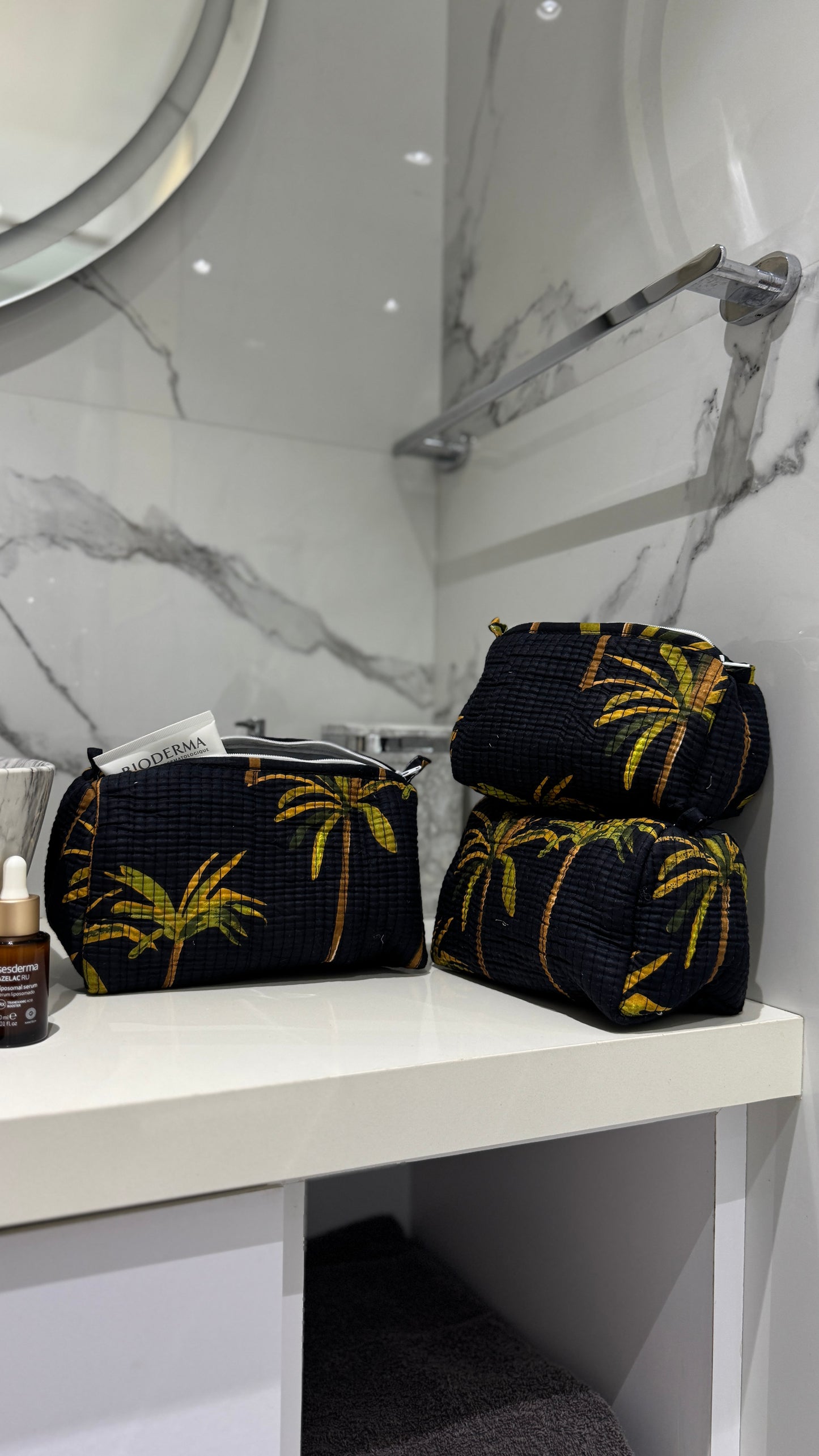 Navy Blue Palm Pouch Set (set of 3)