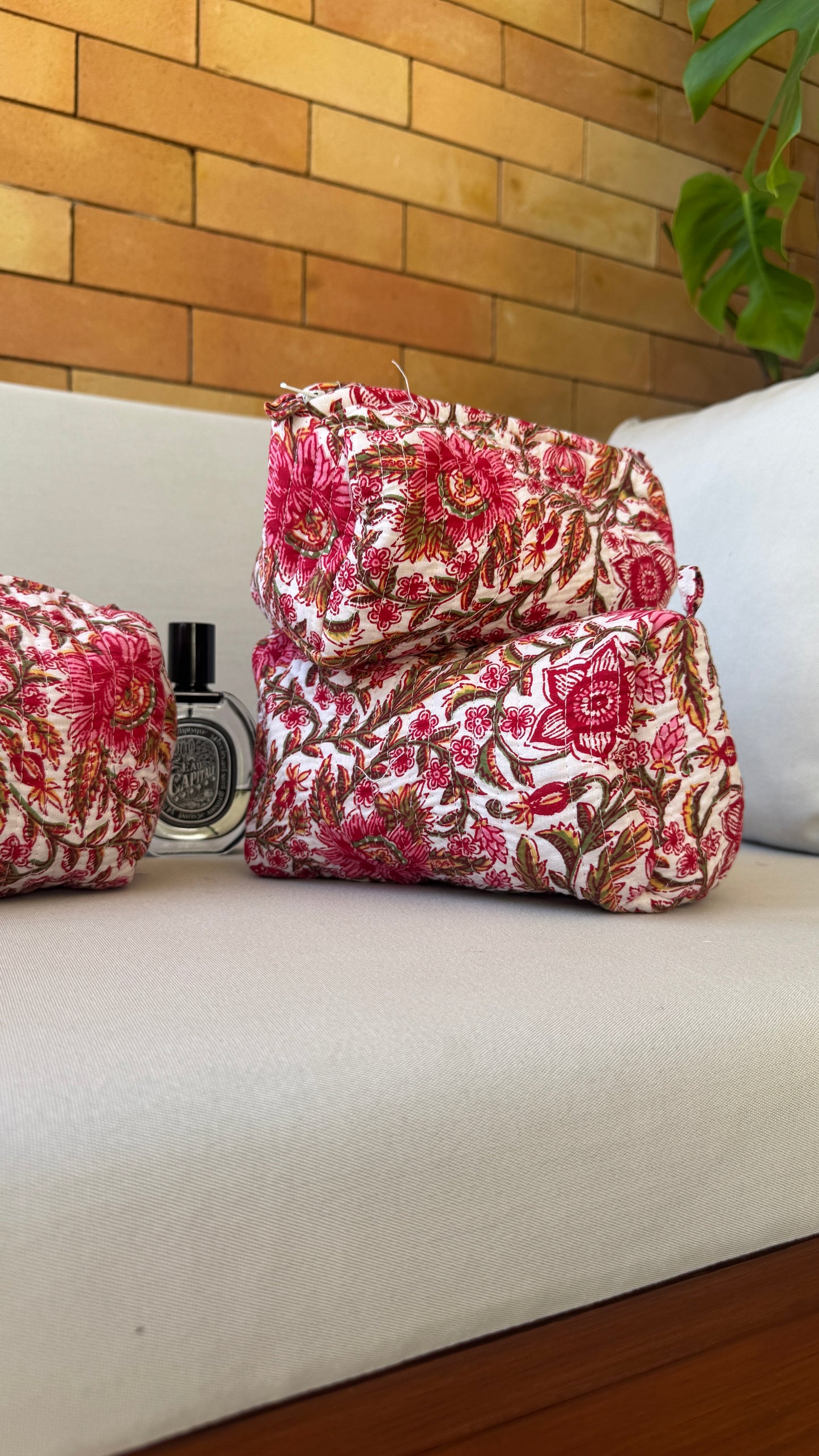 Red Floral Pouch Set (set of 3)