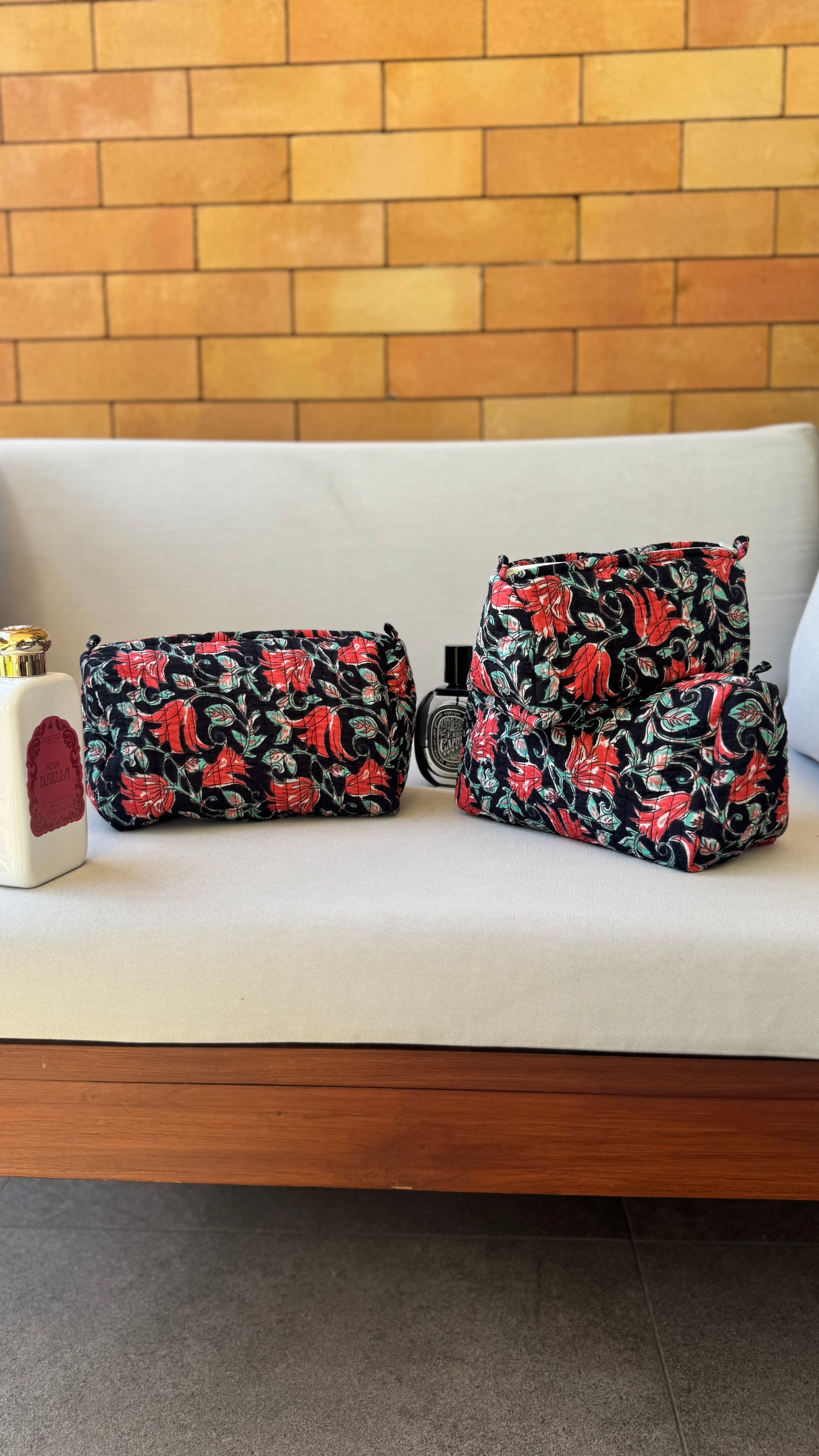 Black Floral Pouch Set (set of 3)
