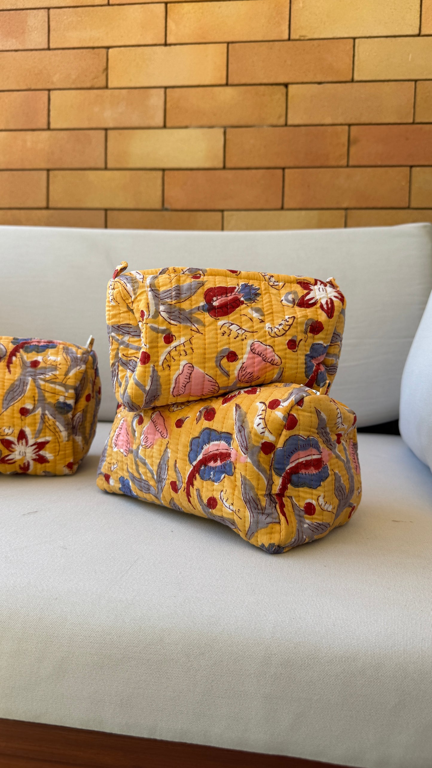 Yellow Floral Pouch Set (set of 3)