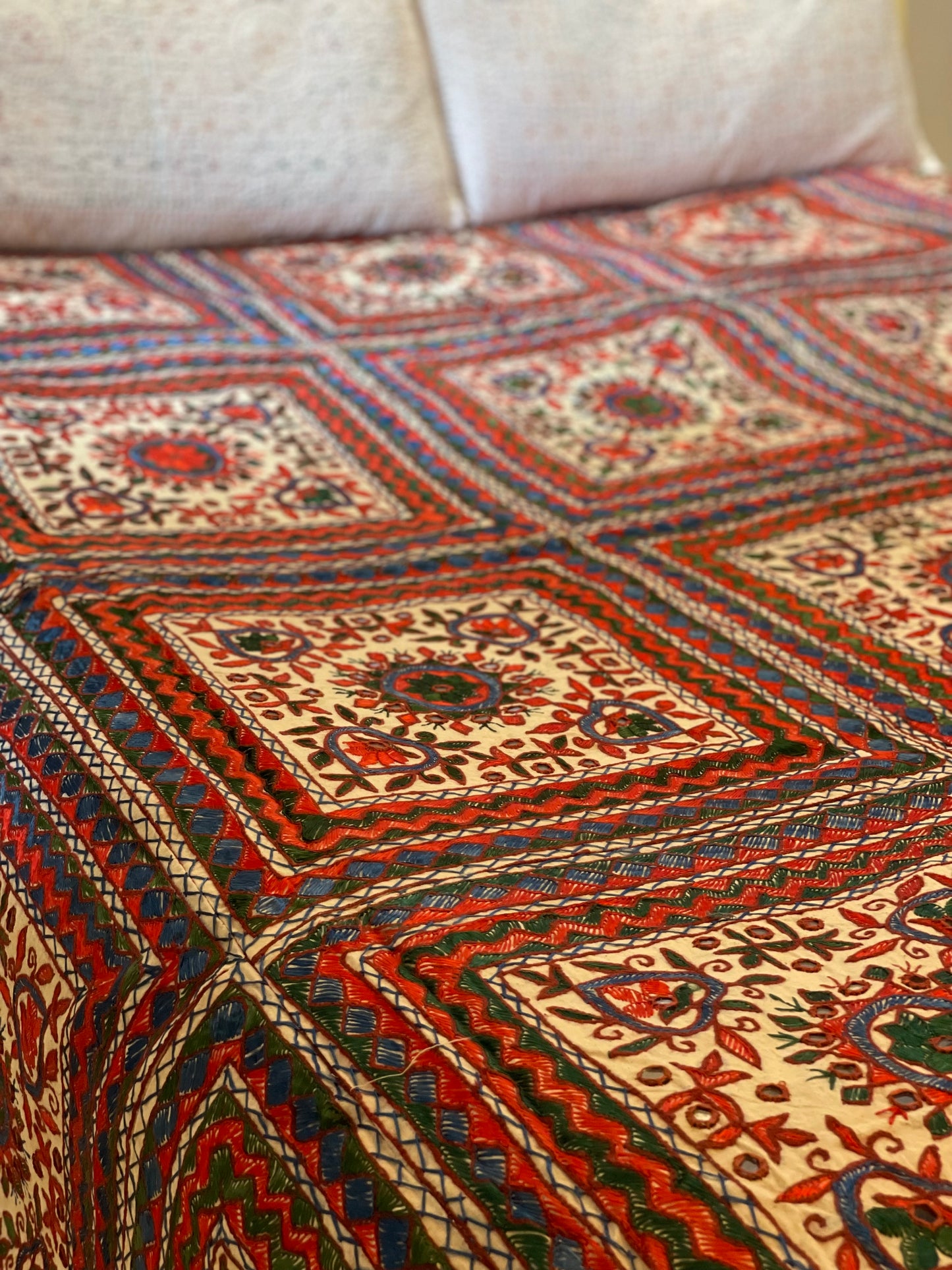 Resham Handwork Bedcover (Red & Blue)