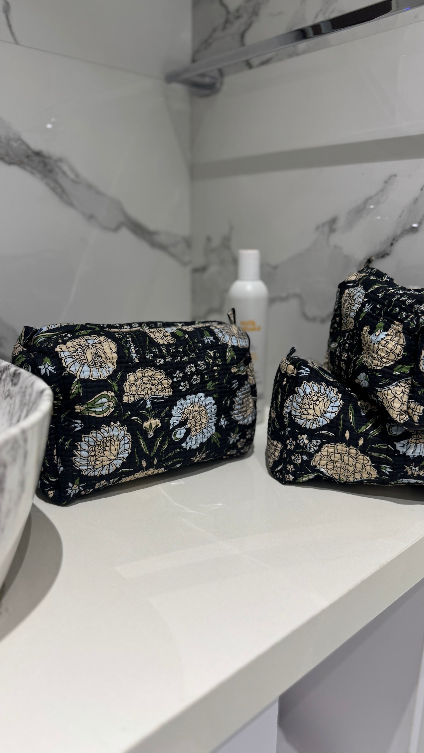 Black Flower Pouch Set (set of 3)