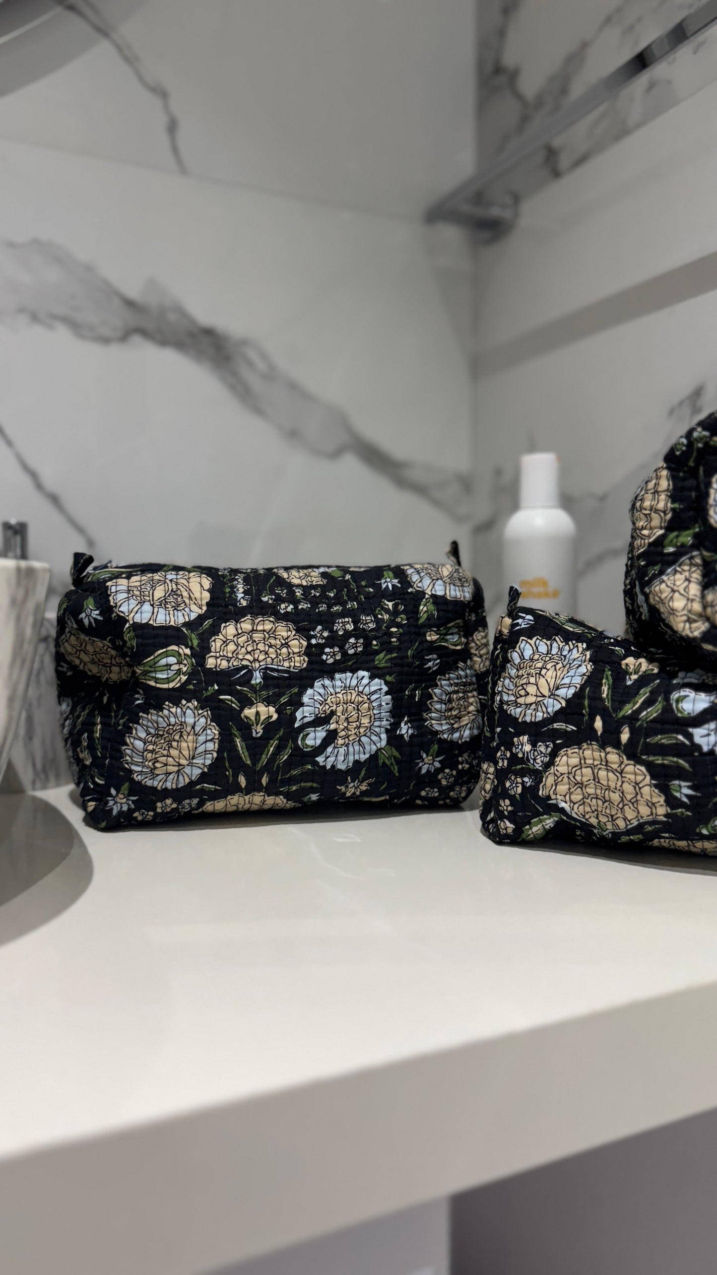 Black Flower Pouch Set (set of 3)