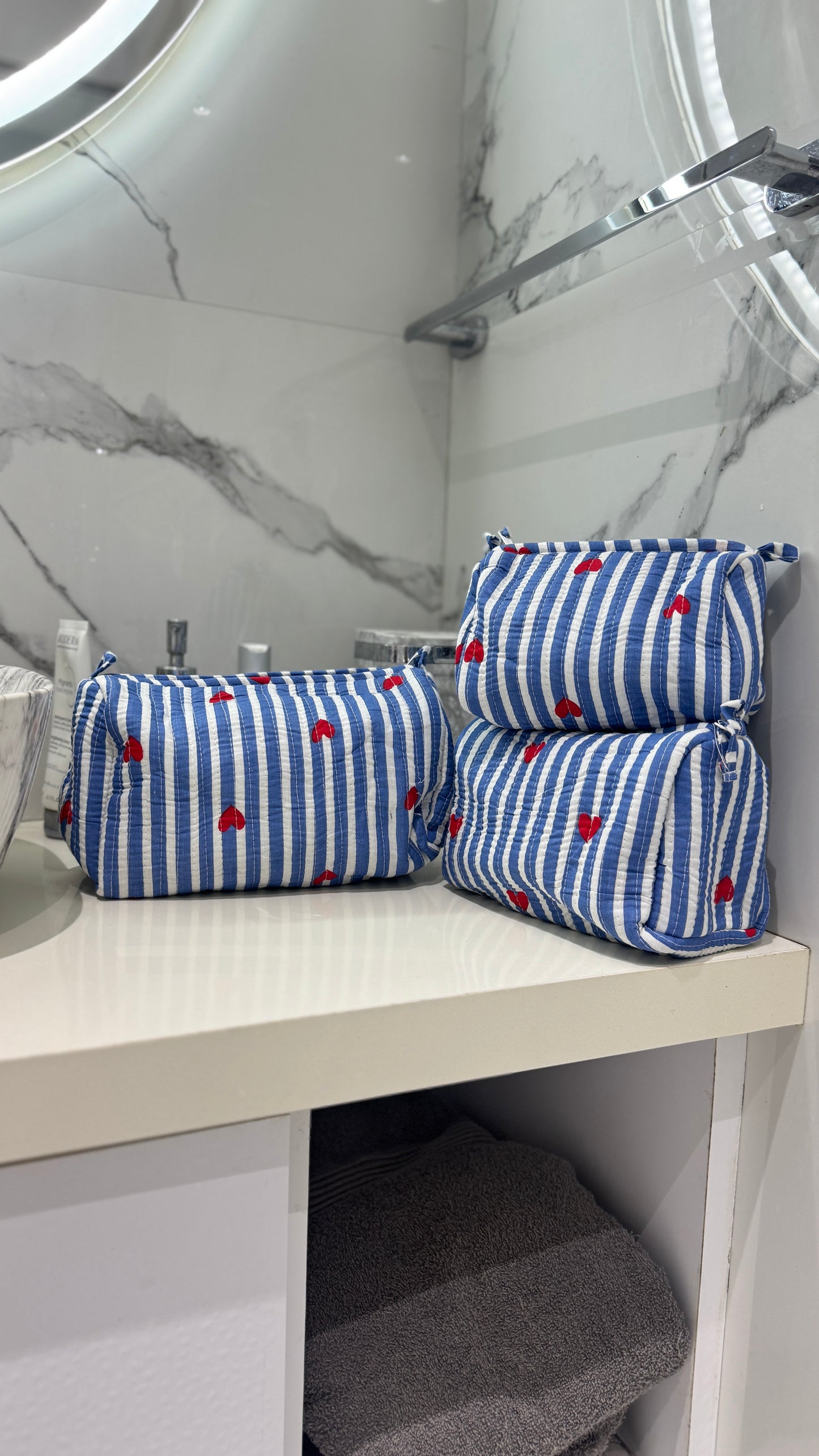 Blue Stripes Heart Pouch Set (set of 3)