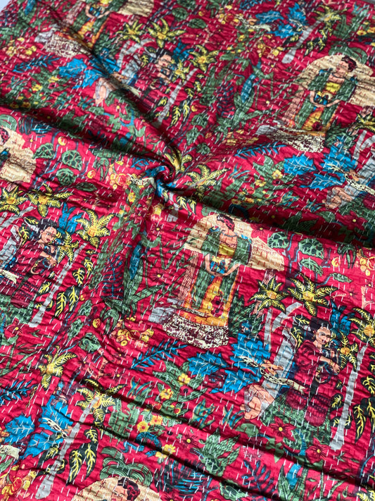 Red Frida Kantha Bedcover