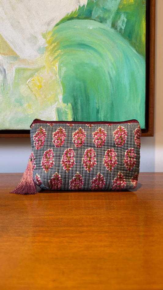 Grey & Pink Hand Block Pouch