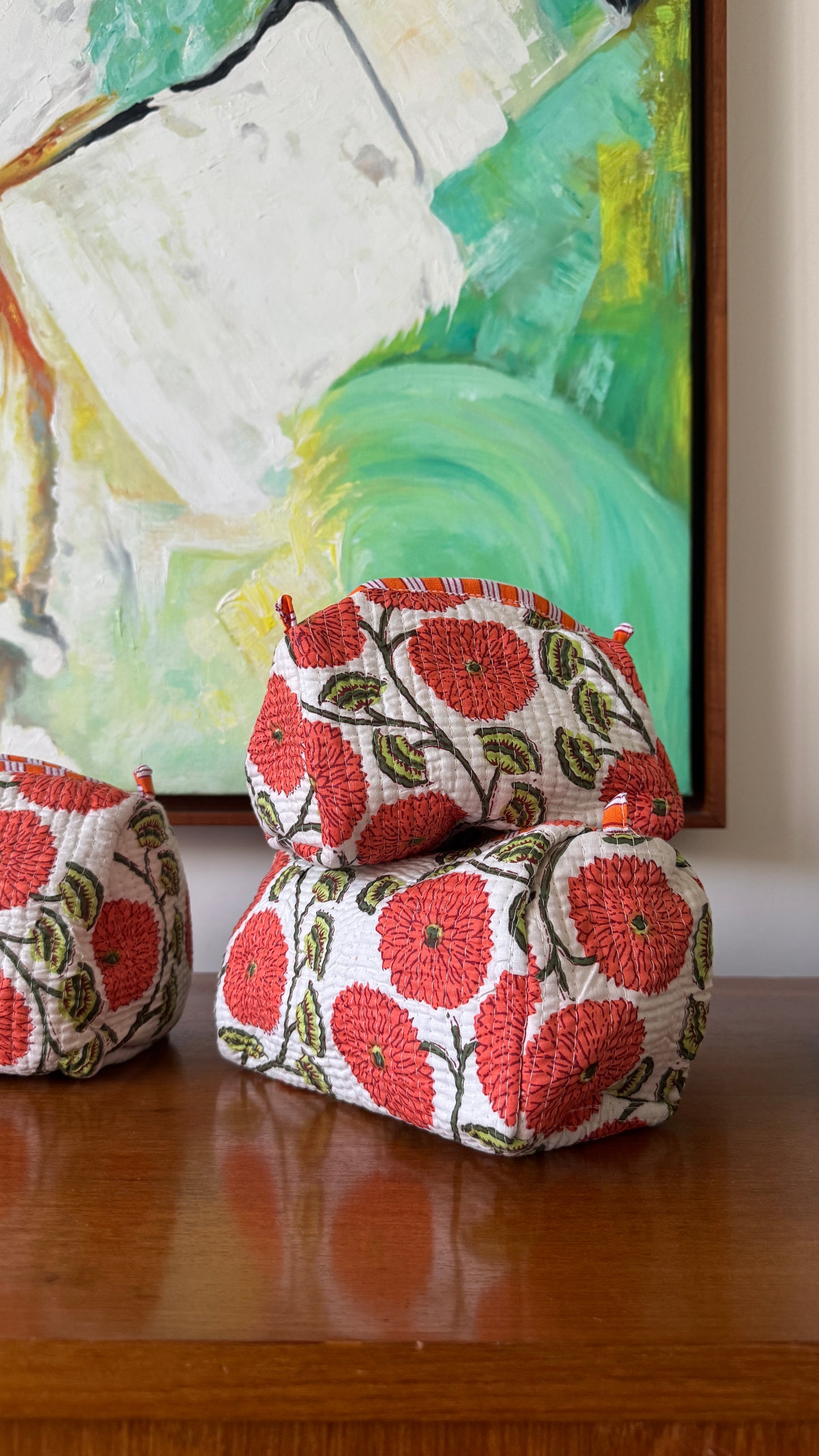 Orange Floral Pouch Set (set of 3)