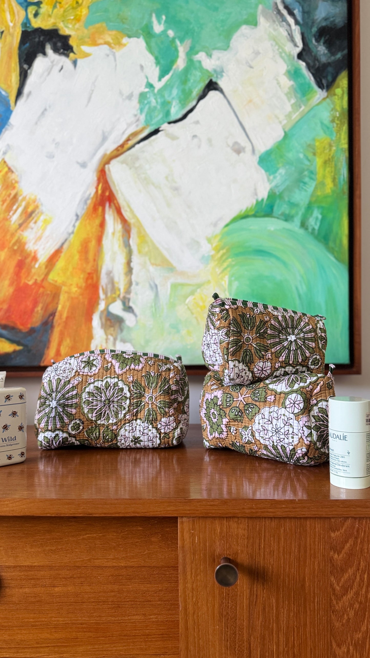 Mustard Floral Pouch Set (set of 3)