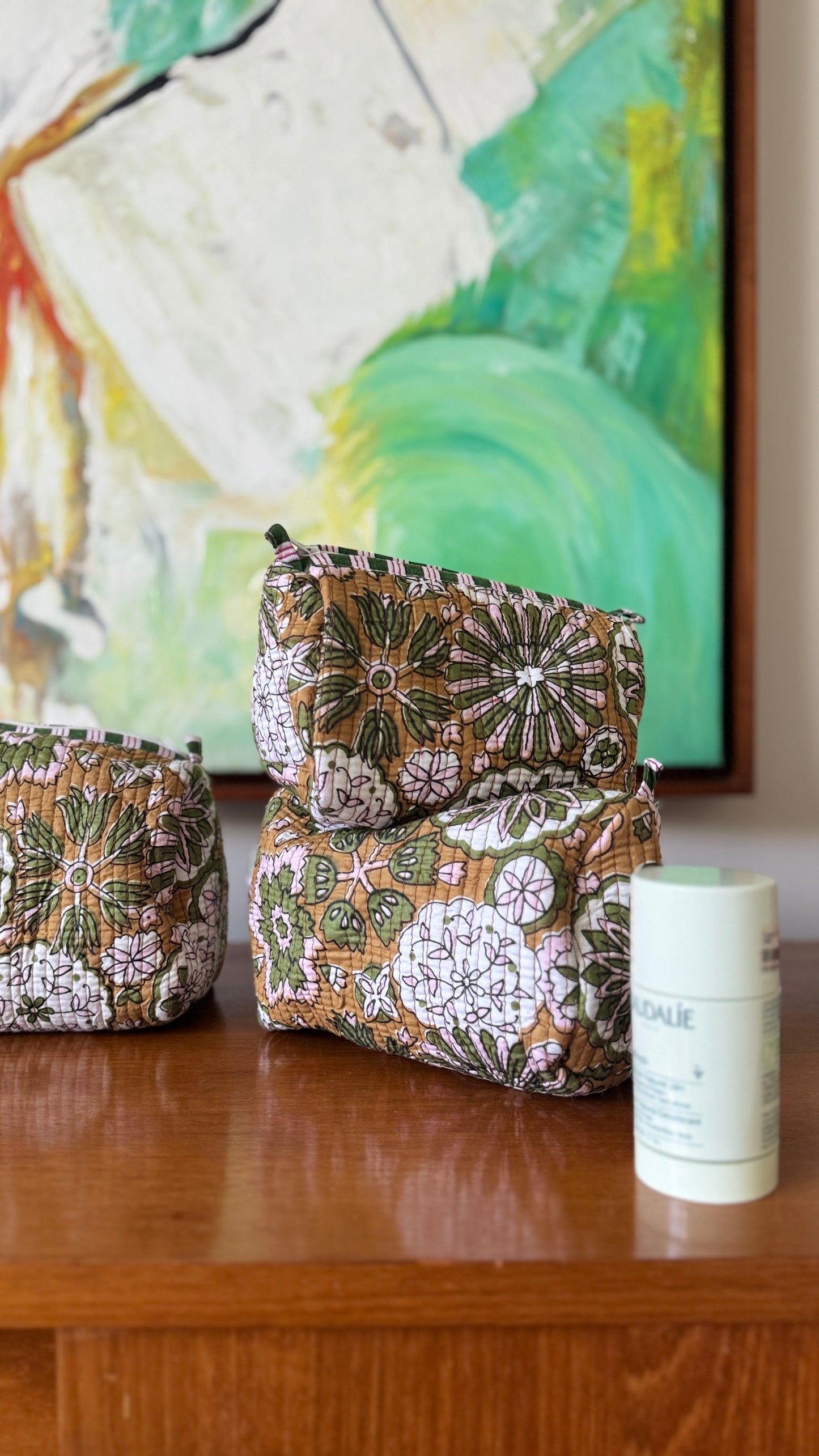 Mustard Floral Pouch Set (set of 3)