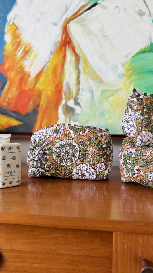 Mustard Floral Pouch Set (set of 3)