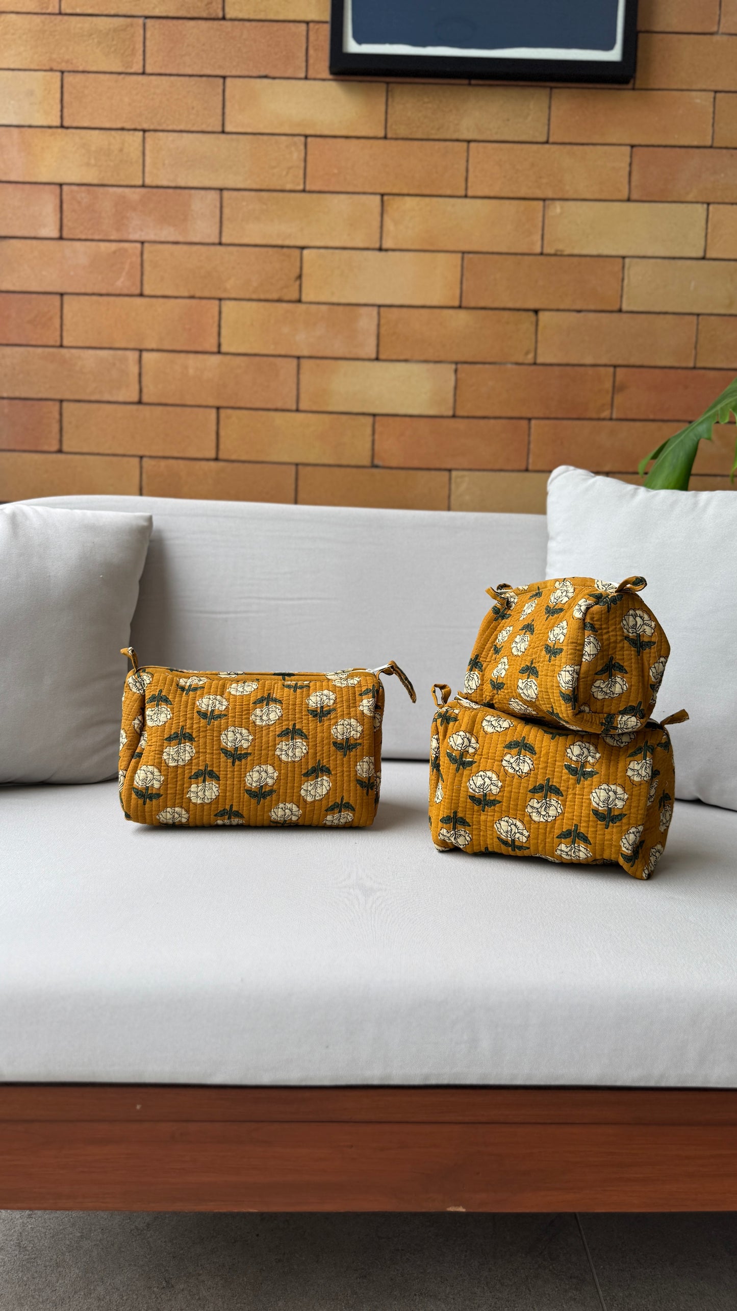 Mustard and White Pouch Set (set of 3)