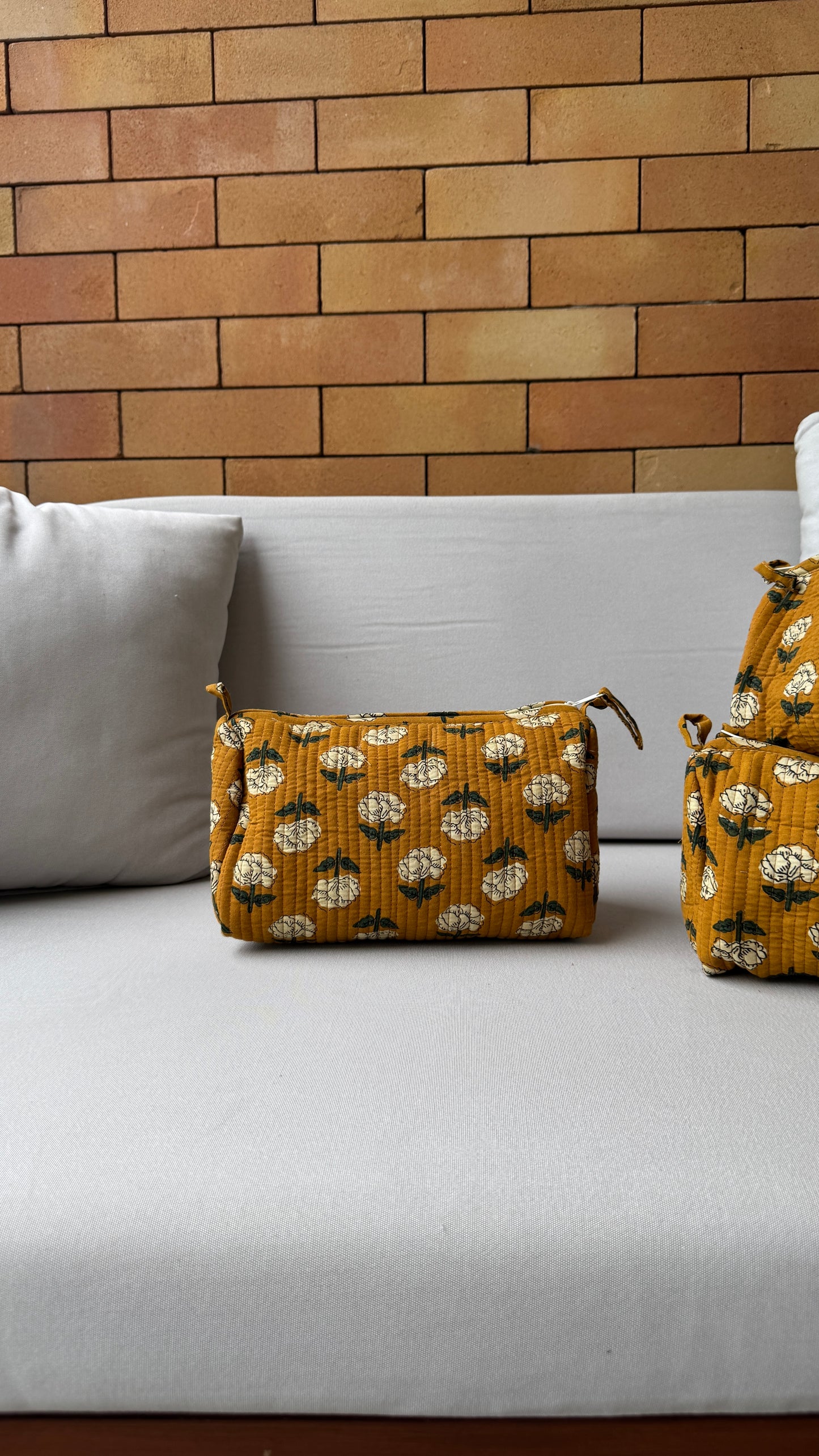 Mustard and White Pouch Set (set of 3)