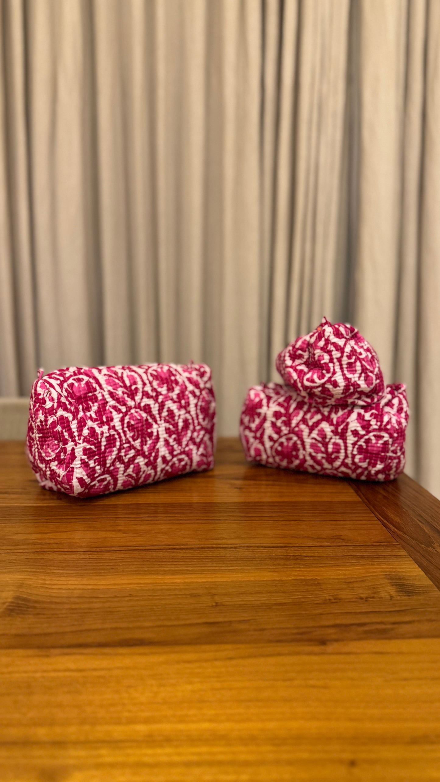 Handblock Pink Pouch Set (set of 3)