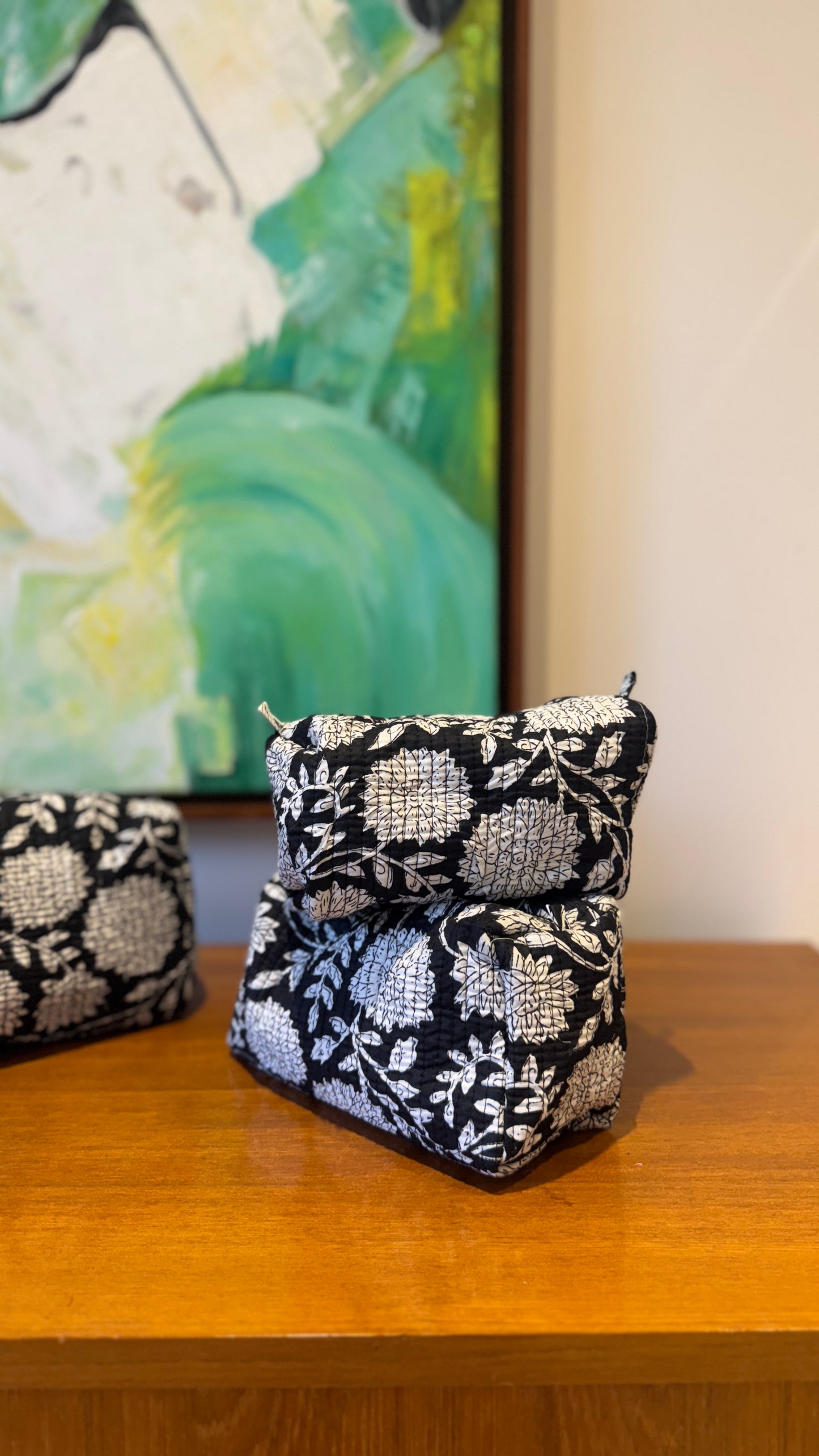 Black Floral Pouch Set (set of 3)