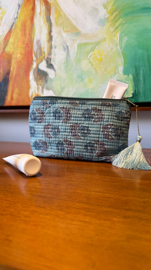 Blue Floral Hand Block Pouch