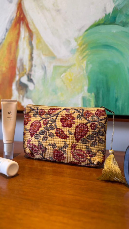 Beige Floral Hand Block Pouch