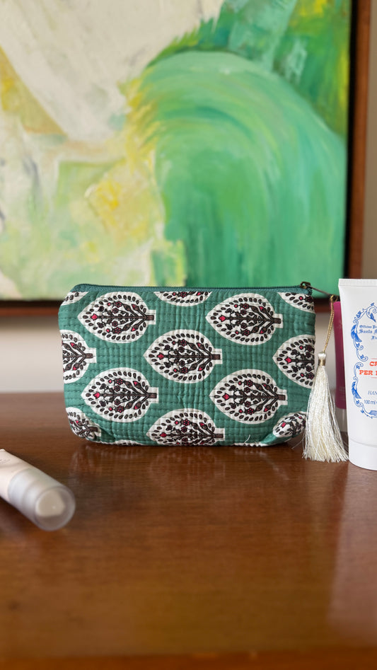 Sea Green Leaf Hand Block Pouch