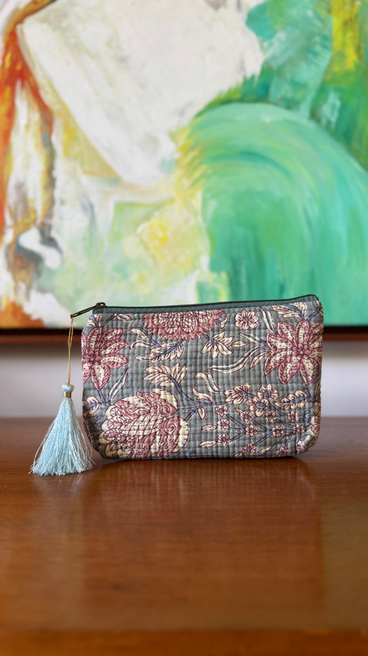 Grey Floral Hand Block Pouch