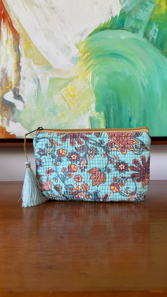 Mint Floral Hand Block Pouch