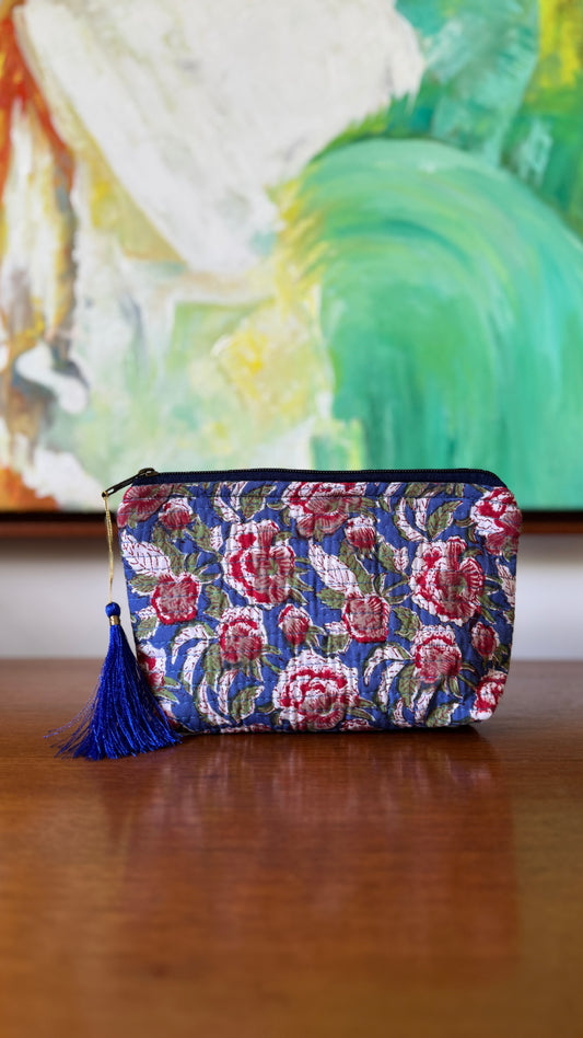 Navy Floral Hand Block Pouch