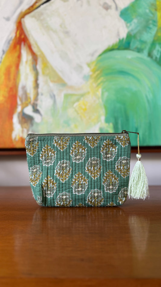 Green Floral Hand Block Pouch