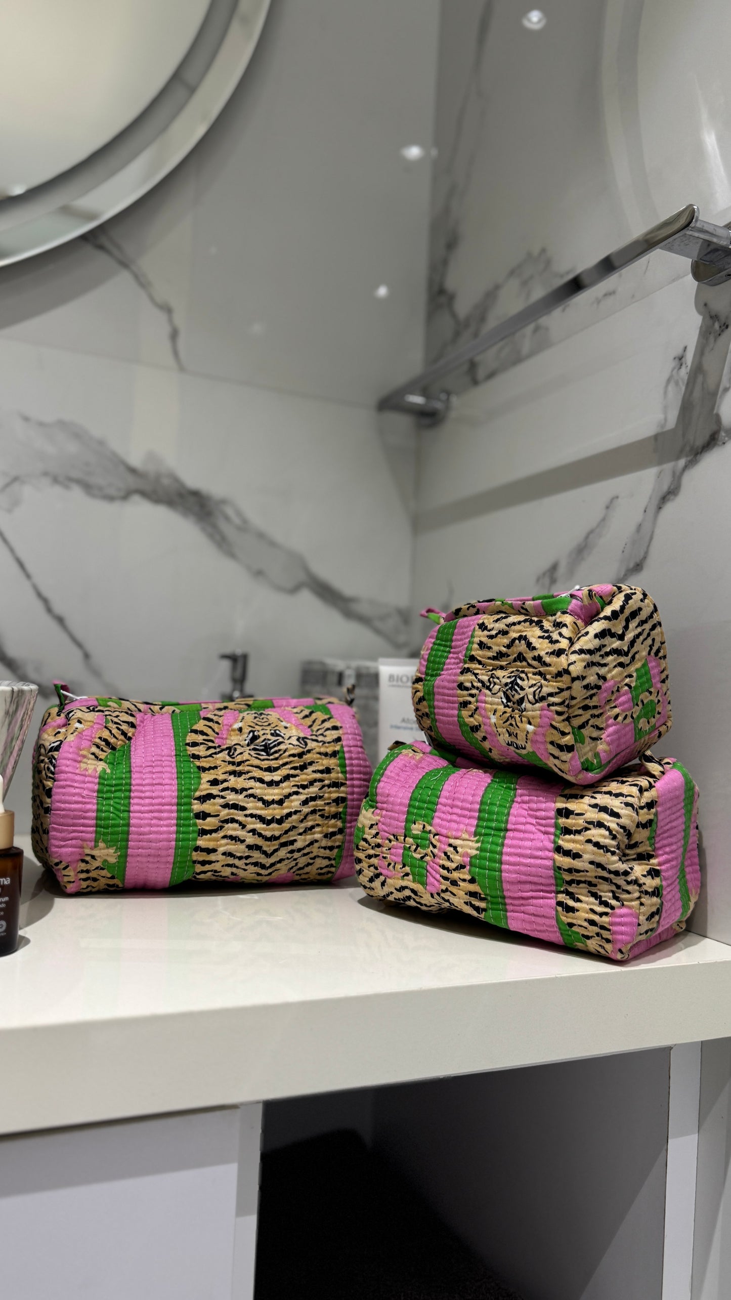 Pink & Green Tiger Pouch Set (set of 3)