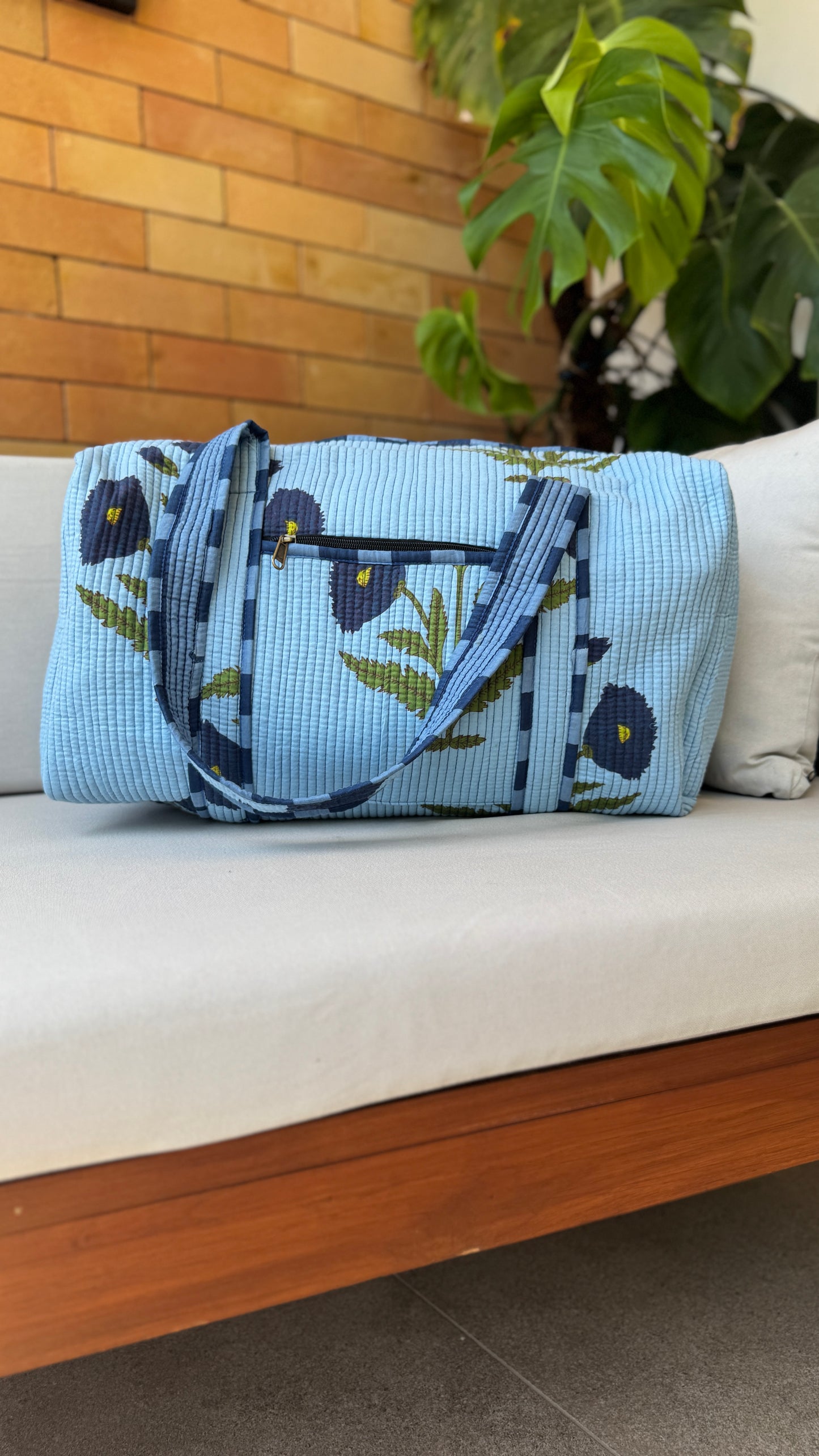 Powder Blue Flower Weekender Duffel Bag