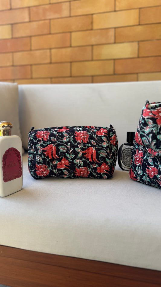 Black Floral Pouch Set (set of 3)