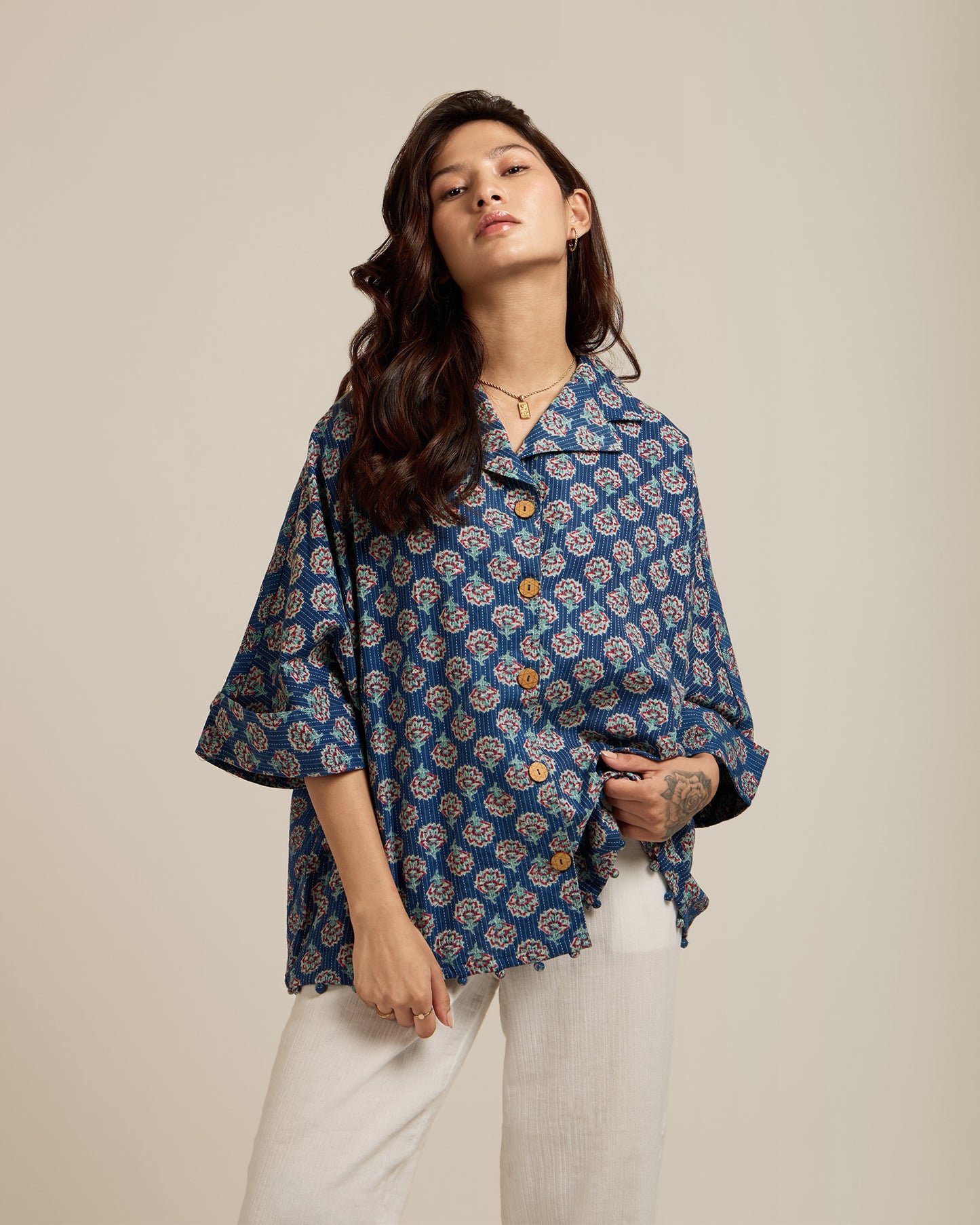 Potli Kantha Cotton Shirt FREE SIZE