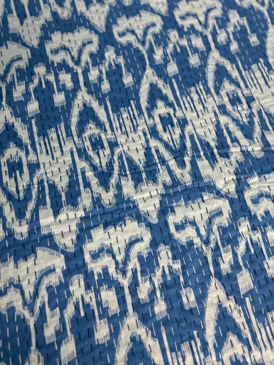 Blue Ikkat Kantha Bedcover