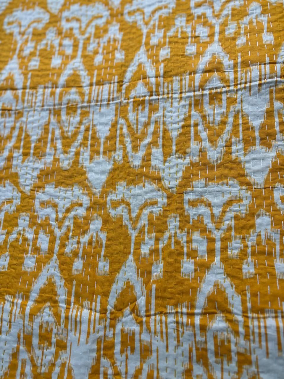 Mustard Ikkat Kantha Bedcover