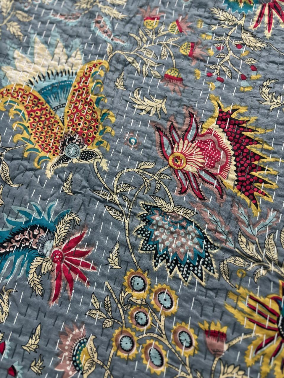 Blue Floral Kantha Bedcover