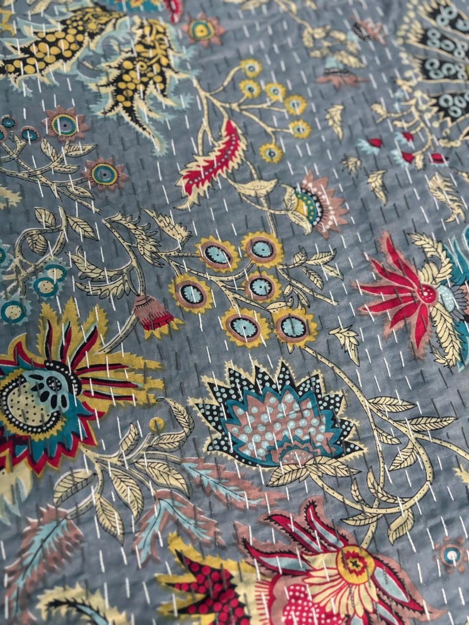 Blue Floral Kantha Bedcover